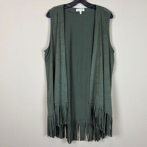 Faith and Joy Green Faux Suede Sleeveless Open Front Cardigan with Fringe Hem